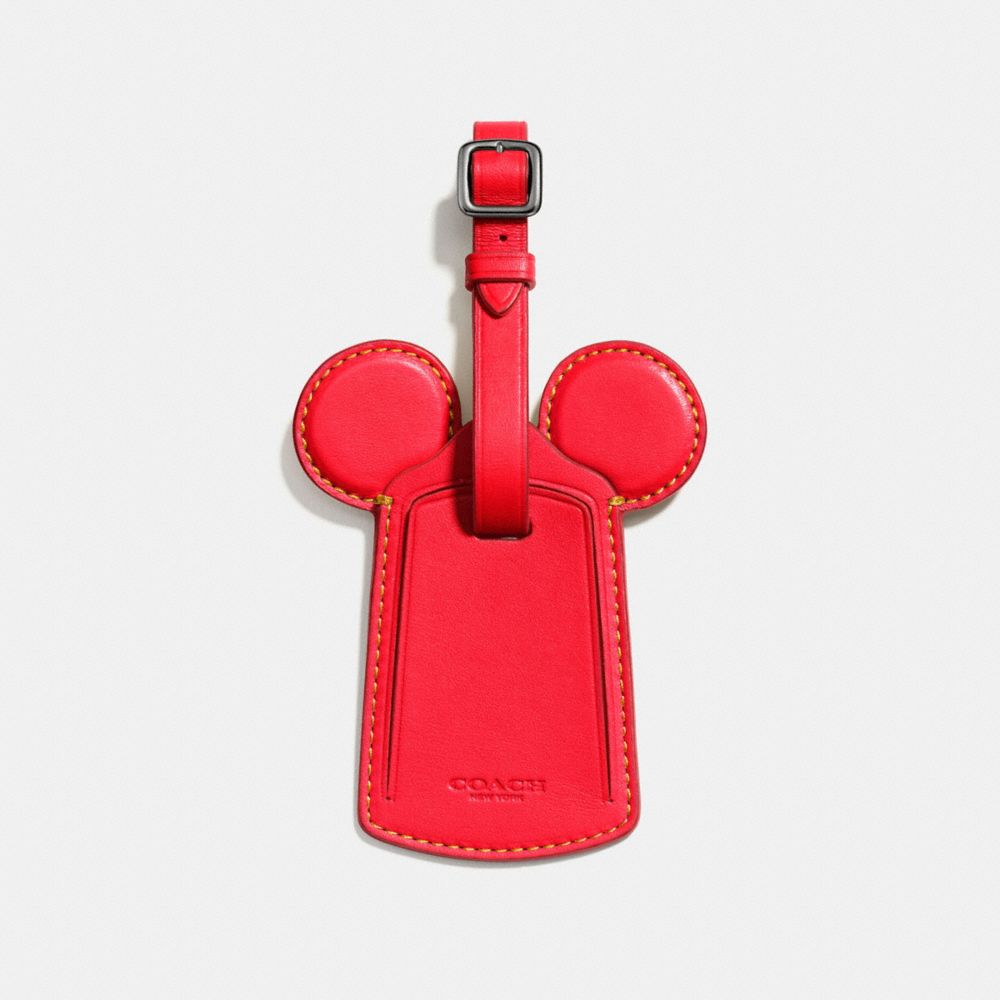 LUGGAGE TAG WITH MICKEY EARS - COACH f58945 - BLACK ANTIQUE NICKEL/BRIGHT RED
