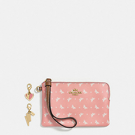 COACH BOXED CORNER ZIP WRISTLET IN BUTTERFLY DOT PRINT COATED CANVAS WITH CHARMS - IMITATION GOLD/BLUSH CHALK - f59068