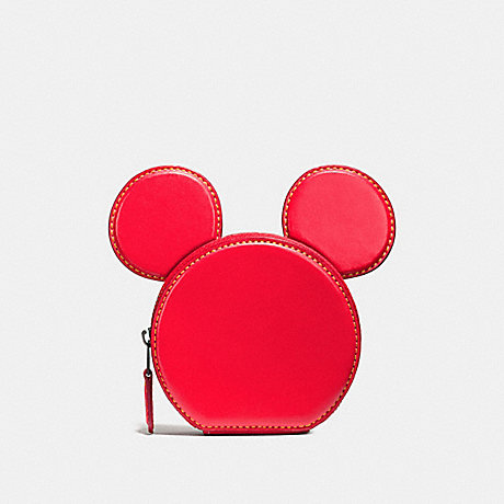 COACH COIN CASE IN GLOVE CALF LEATHER WITH MICKEY EARS - BLACK ANTIQUE NICKEL/BRIGHT RED - f59071