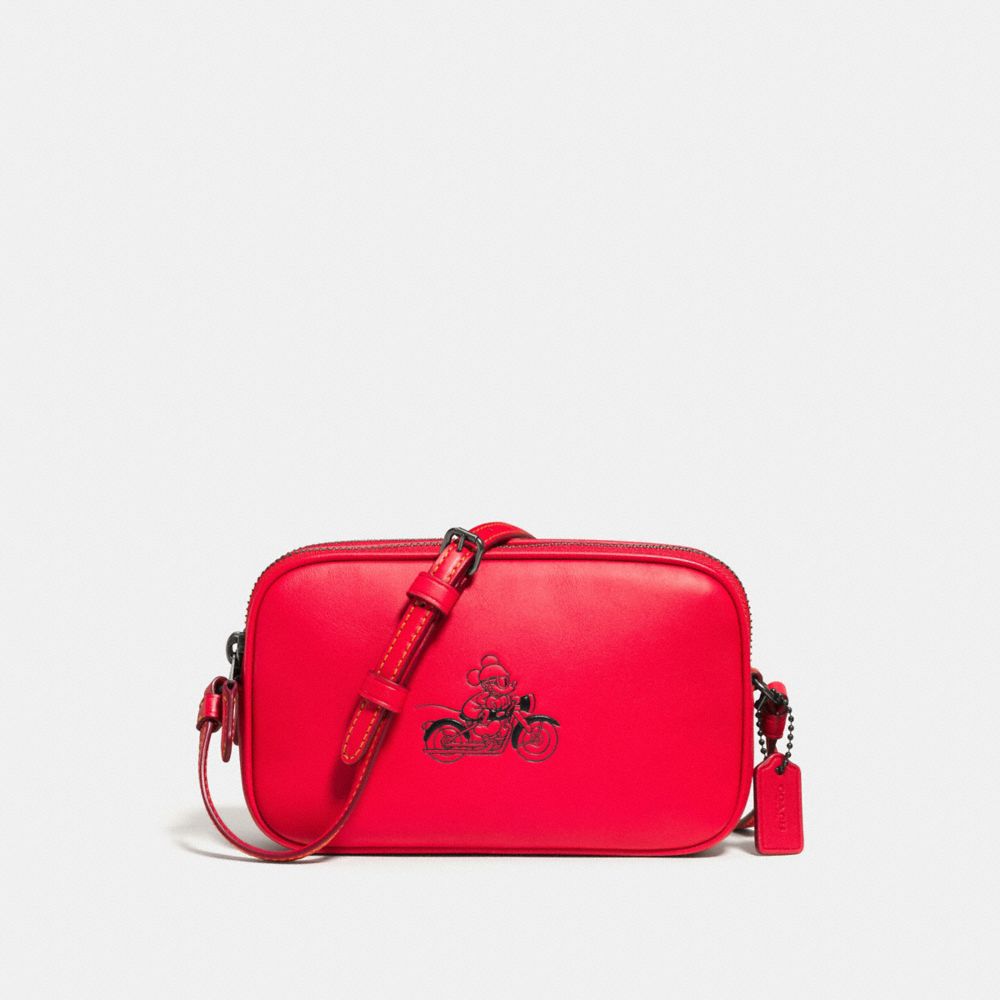 CROSSBODY POUCH IN GLOVE CALF LEATHER WITH MICKEY - COACH f59072 - BLACK ANTIQUE NICKEL/BRIGHT RED