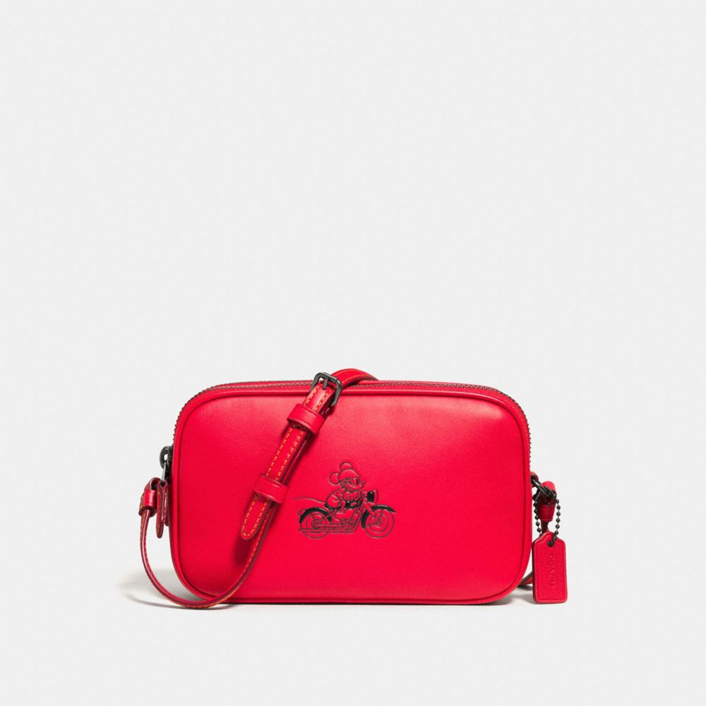 COACH CROSSBODY POUCH IN GLOVE CALF LEATHER WITH MICKEY - BLACK ANTIQUE NICKEL/BRIGHT RED - F59072