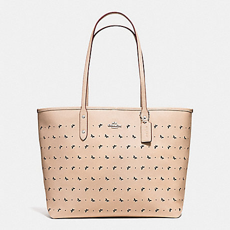 COACH CITY TOTE IN PERFORATED CROSSGRAIN LEATHER - SILVER/BEECHWOOD - f59345