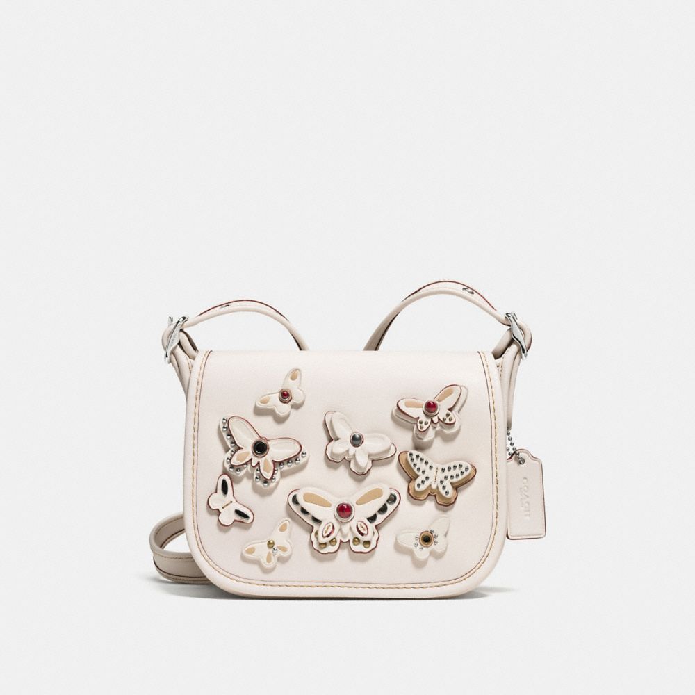 PATRICIA SADDLE BAG 18 IN NATURAL LEATHER WITH ALL OVER BUTTERFLY  APPLIQUE - COACH f59360 - SILVER/CHALK