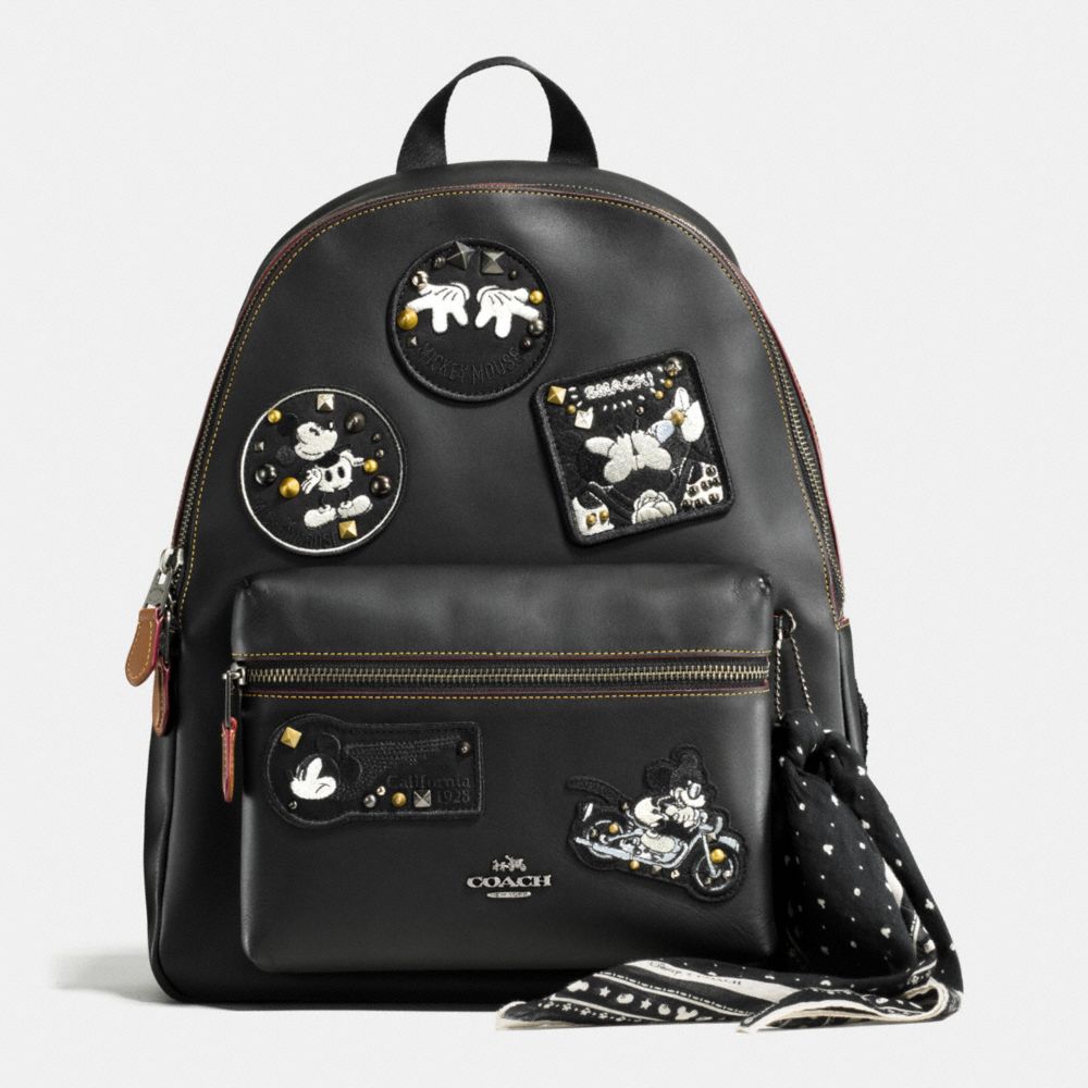 CHARLIE BACKPACK IN GLOVE CALF LEATHER WITH MICKEY - COACH f59375 - ANTIQUE NICKEL/BLACK MULTI