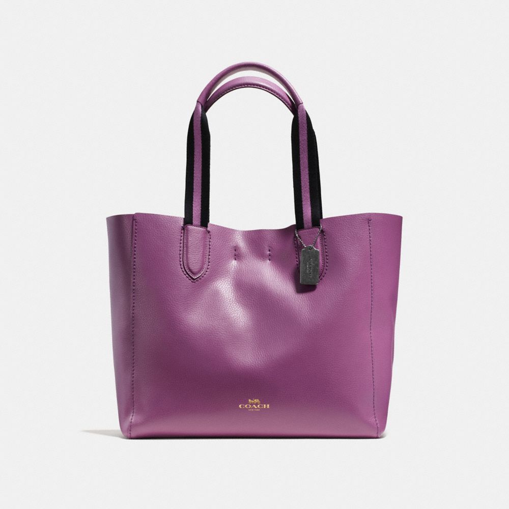 COACH LARGE DERBY TOTE IN PEBBLE LEATHER WITH STRIPE WEBBING - BLACK ANTIQUE NICKEL/MAUVE - F59399