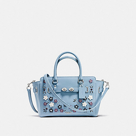 COACH BLAKE CARRYALL 25 IN NATURAL REFINED LEATHER WITH FLORAL APPLIQUE - SILVER/CORNFLOWER MULTI - f59450
