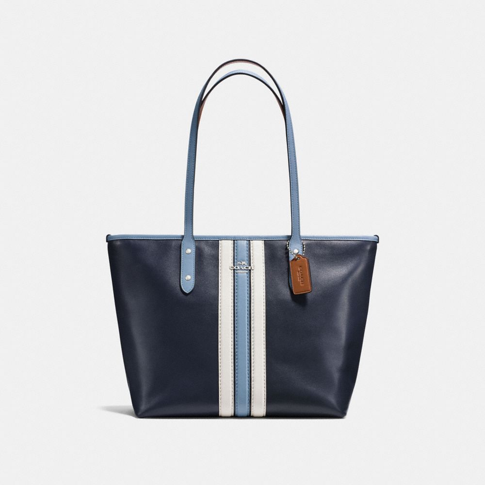 CITY ZIP TOTE IN NATURAL REFINED LEATHER WITH VARSITY STRIPE - COACH f59456 - SILVER/MIDNIGHT