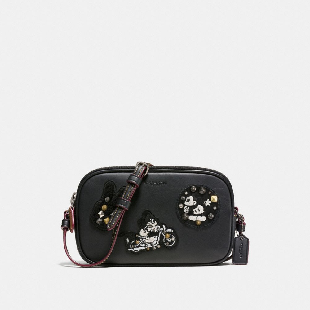 CROSSBODY POUCH IN GLOVE CALF LEATHER WITH MICKEY PATCHES - COACH f59532 - ANTIQUE NICKEL/BLACK MULTI