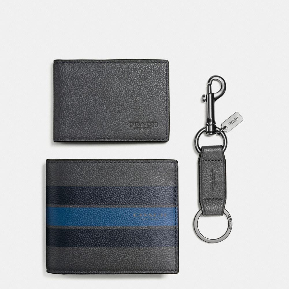 3-IN-1 WALLET IN SMOOTH CALF LEATHER WITH VARSITY STRIPE - COACH f59538 - GRAPHITE/MIDNIGHT NAVY/DENIM