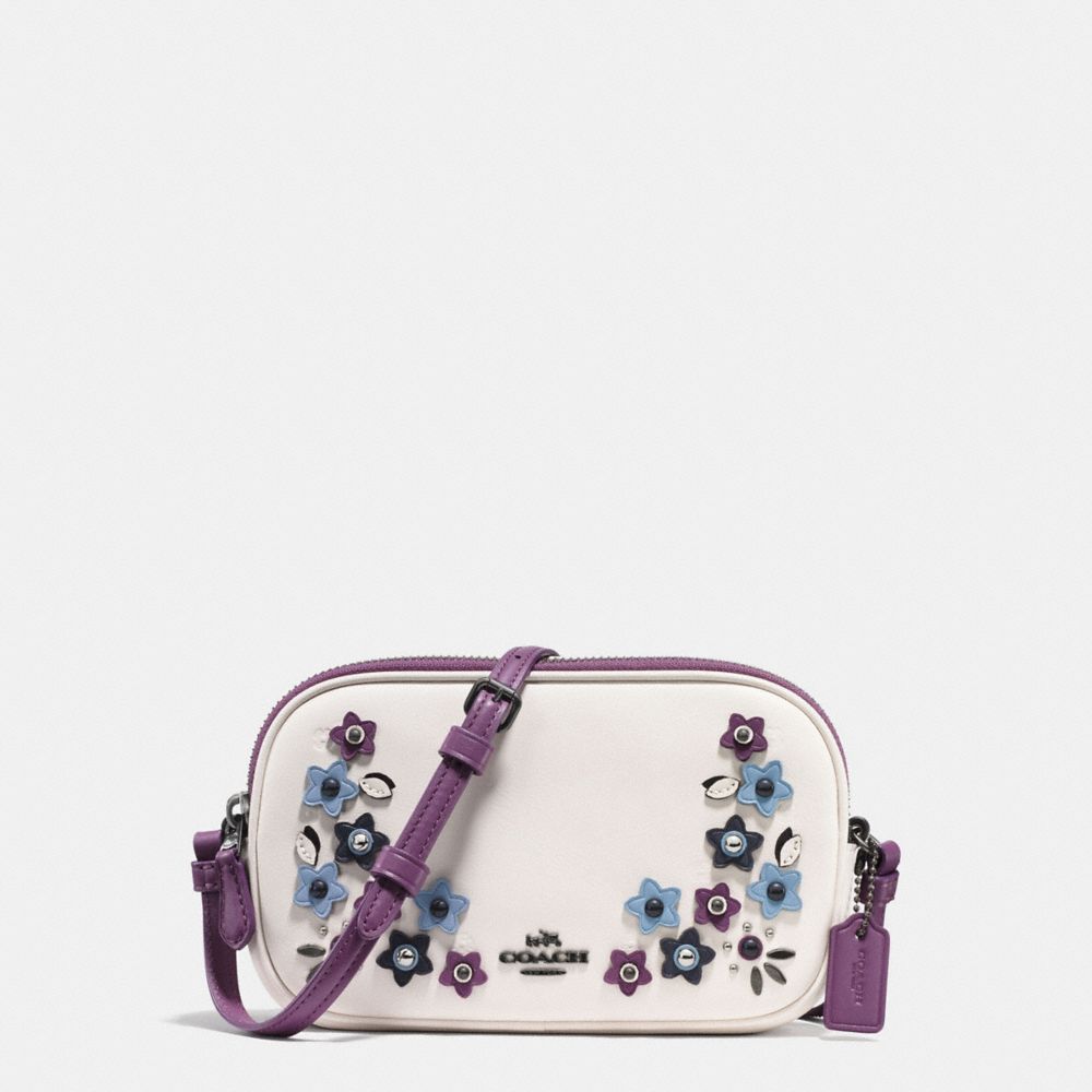 COACH CROSSBODY POUCH IN NATURAL REFINED LEATHER WITH FLORAL APPLIQUE - BLACK ANTIQUE NICKEL/CHALK MULTI - F59557