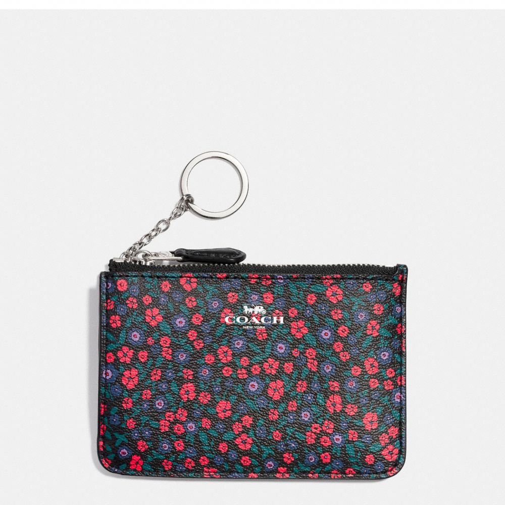 KEY POUCH WITH GUSSET IN RANCH FLORAL PRINT COATED CANVAS - COACH f59828 - SILVER/BRIGHT RED