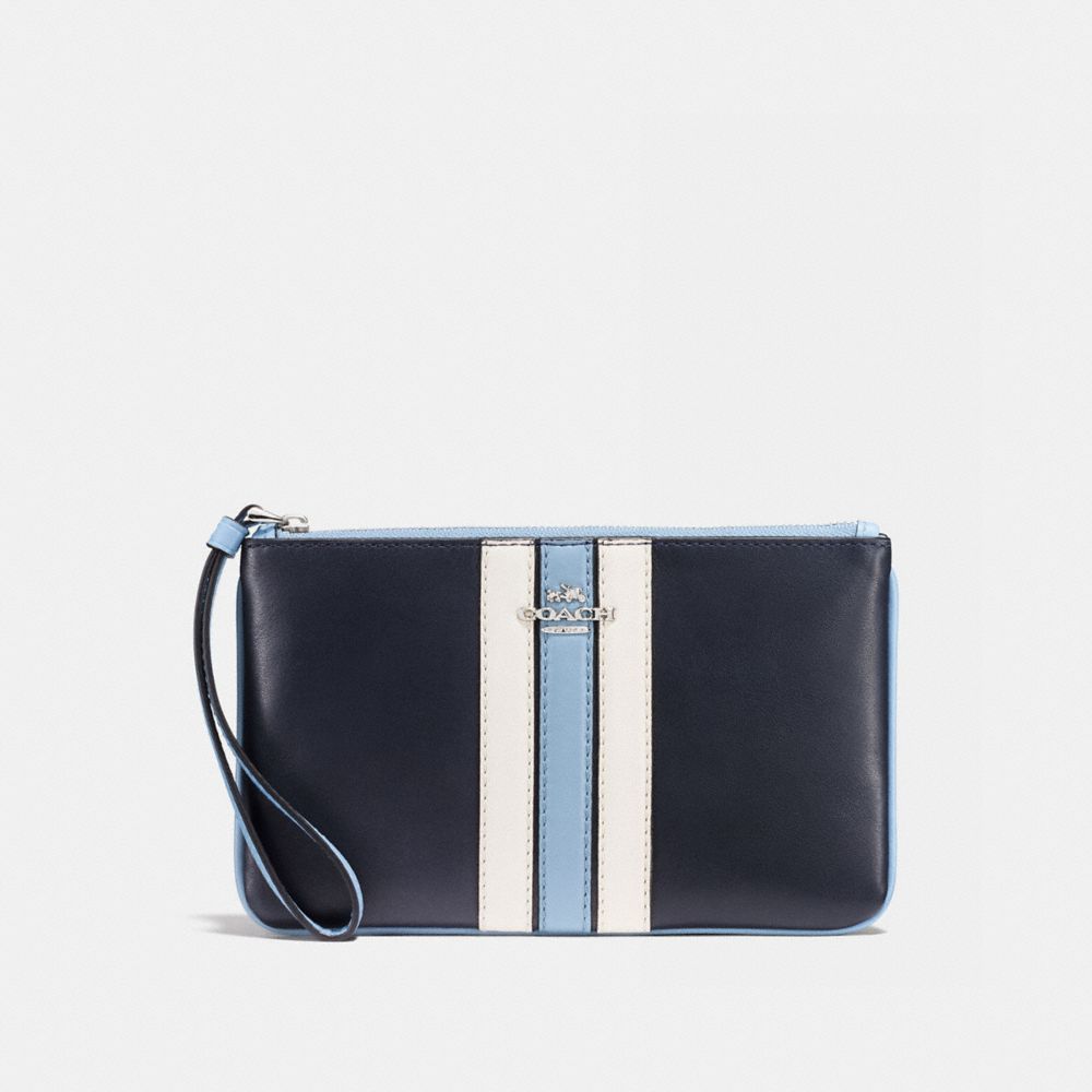 LARGE WRISTLET IN NATURAL REFINED LEATHER WITH VARSITY STRIPE -  COACH f59843 - SILVER/MIDNIGHT