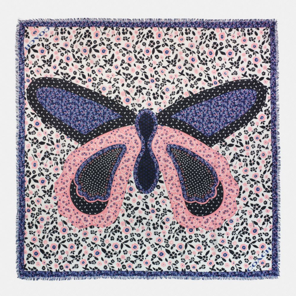 BUTTERFLY PATCHWORK OVERSIZED SQUARE SCARF - COACH f59850 - CHALK/LAPIS