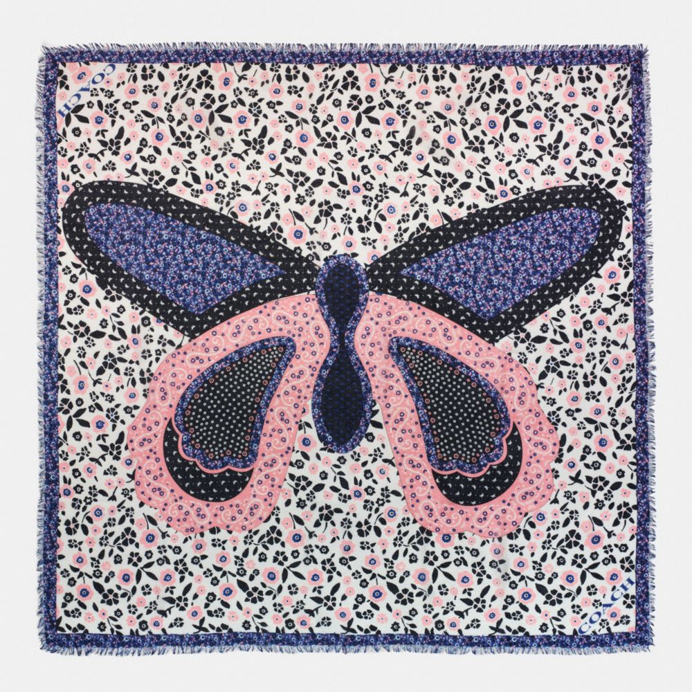 BUTTERFLY PATCHWORK OVERSIZED SQUARE SCARF - COACH f59850 -  CHALK/LAPIS