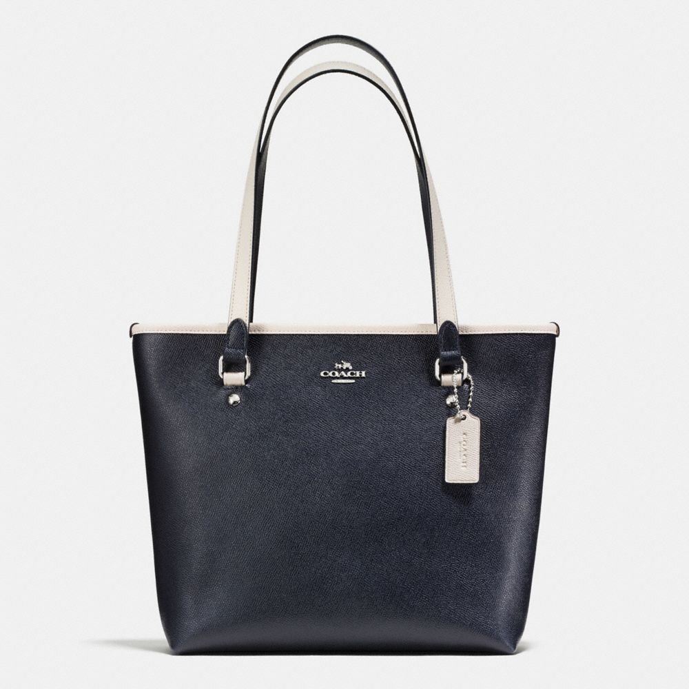 ZIP TOP TOTE IN CROSSGRAIN LEATHER - COACH f59855 -  SILVER/MIDNIGHT