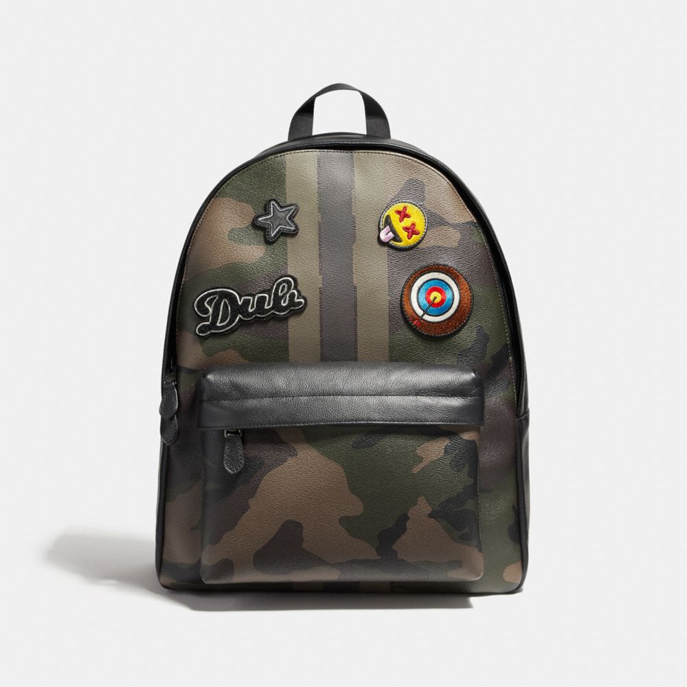 CHARLES BACKPACK IN PRINTED COATED CANVAS WITH VARSITY CAMO  PATCHES - COACH f59906 - BLACK ANTIQUE NICKEL/DARK GREEN CAMO