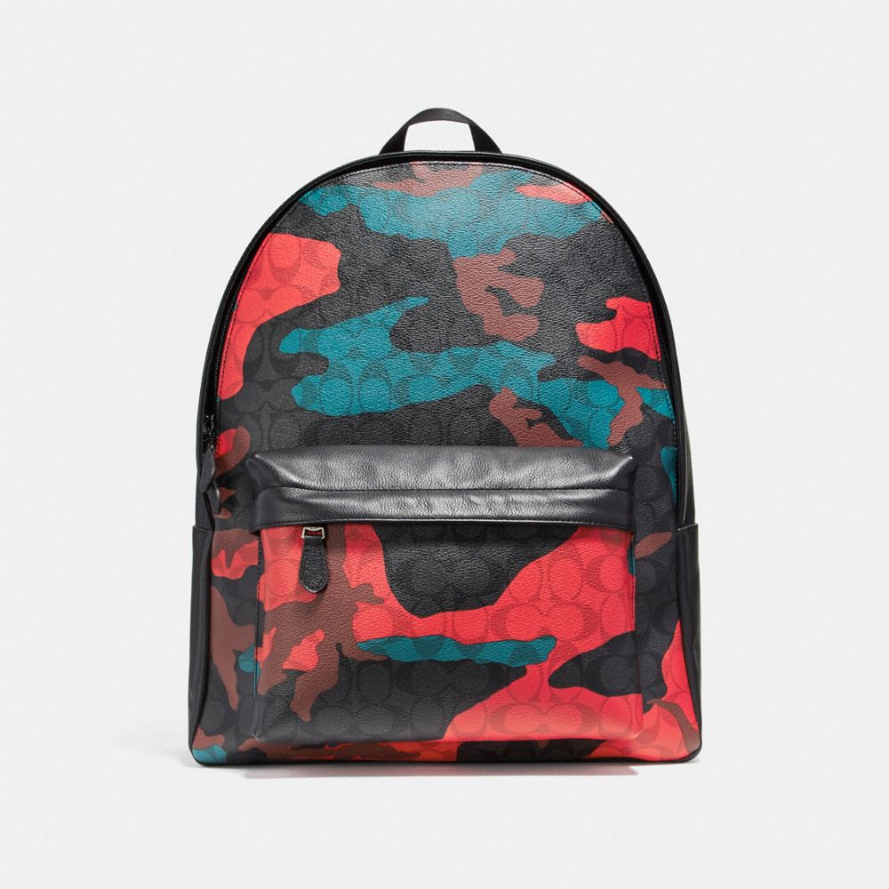 CHARLES BACKPACK IN ANIMATED SIGNATURE CAMO PRINT COATED CANVAS -  COACH f59914 - BLACK ANTIQUE NICKEL/CHARCOAL/RED CAMO