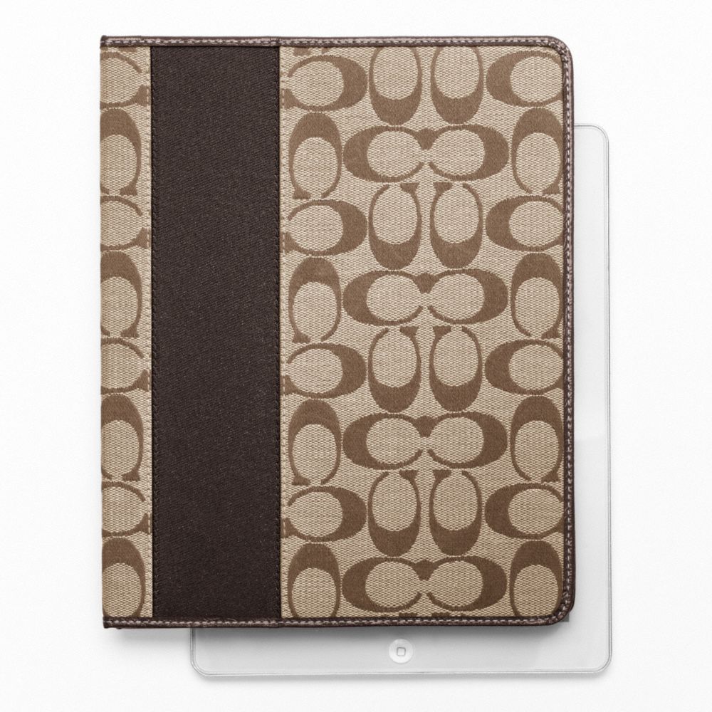 SIGNATURE STRIPE IPAD CASE - COACH f61761 - SILVER/KHAKI/MAHOGANY