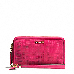 COACH MADISON DOUBLE ZIP PHONE WALLET IN EMBOSSED LEATHER - LIGHT GOLD/PINK RUBY - F62191