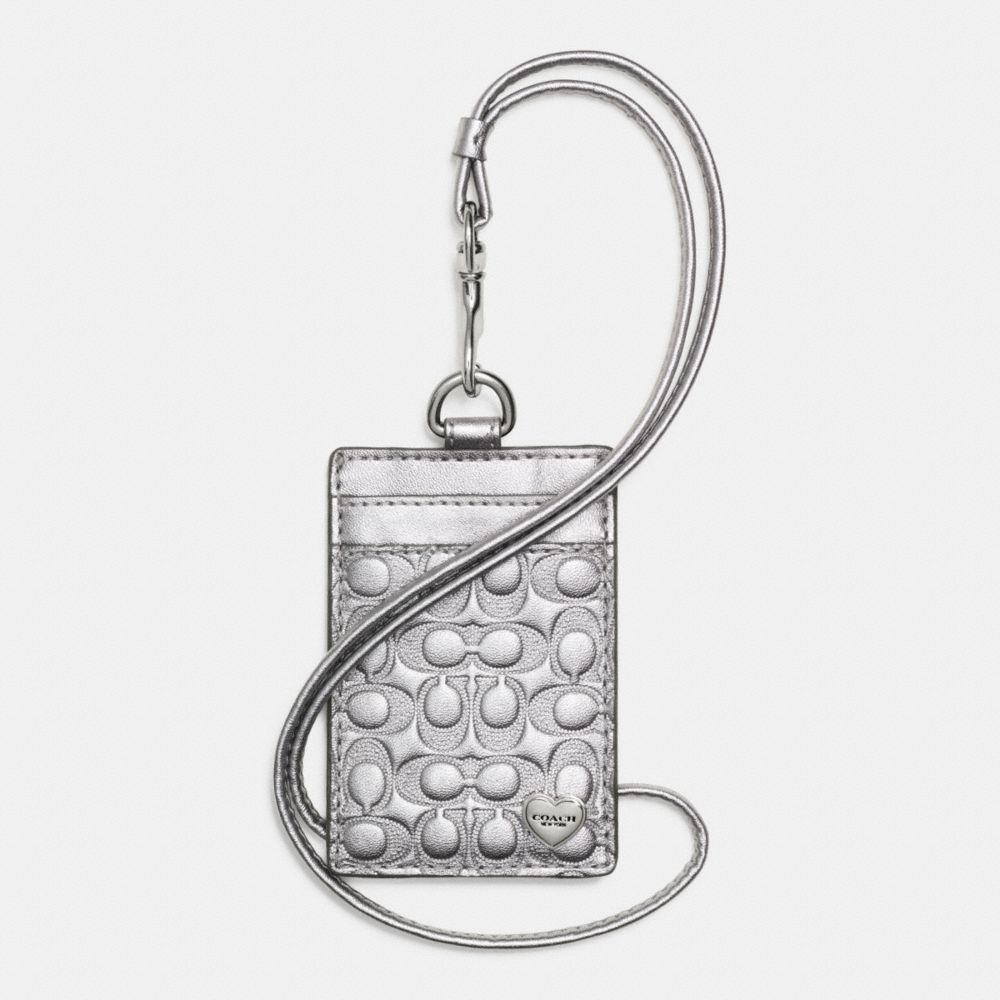 PERFORATED EMBOSSED LIQUID GLOSS LANYARD ID CASE - COACH f62406 - SILVER/PEWTER