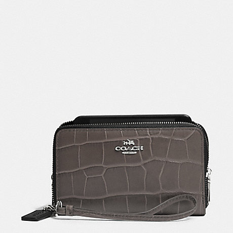 COACH DOUBLE ZIP PHONE WALLET IN CROC EMBOSSED LEATHER - SILVER/MINK - f63104