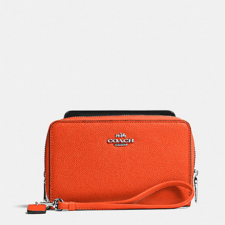 COACH DOUBLE ZIP PHONE WALLET IN EMBOSSED TEXTURED LEATHER -  SILVER/CORAL - f63112