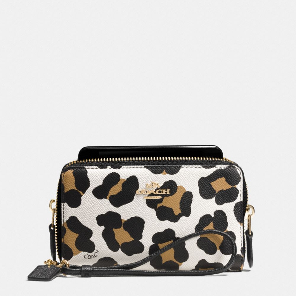DOUBLE ZIP PHONE WALLET IN OCELOT PRINT LEATHER - COACH f63149 - LIGHT GOLD/WHITE MULTICOLOR