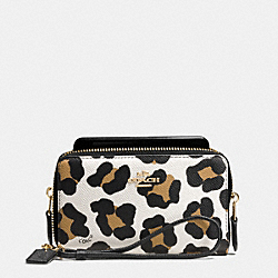 COACH DOUBLE ZIP PHONE WALLET IN OCELOT PRINT LEATHER - LIGHT GOLD/WHITE MULTICOLOR - F63149