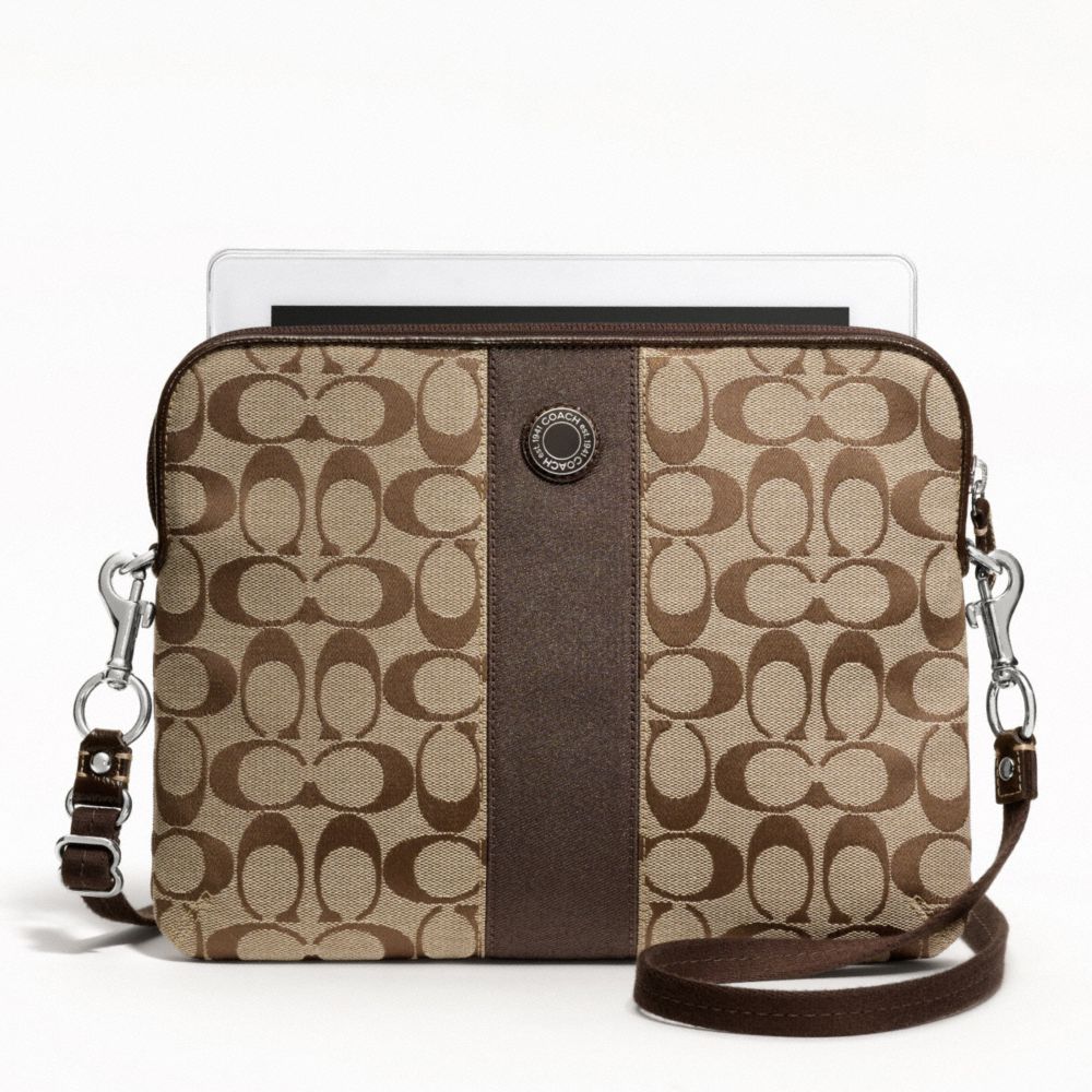 SIGNATURE STRIPE TABLET CROSSBODY - COACH f63219 - SILVER/KHAKI/MAHOGANY