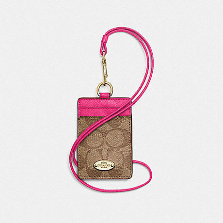 COACH LANYARD ID CASE IN SIGNATURE CANVAS -  LIGHT GOLD/KHAKI/PINK RUBY - f63274