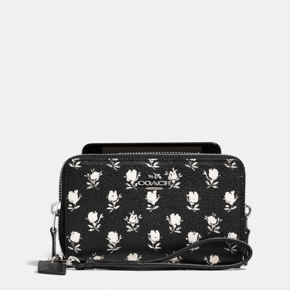 DOUBLE ZIP PHONE WALLET IN PRINTED CROSSGRAIN LEATHER - COACH f63406 - SILVER/BK PCHMNT BDLND FLR