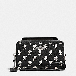 COACH DOUBLE ZIP PHONE WALLET IN PRINTED CROSSGRAIN LEATHER - SILVER/BK PCHMNT BDLND FLR - F63406