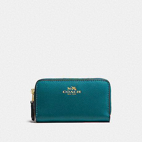 COACH SMALL DOUBLE ZIP COIN CASE IN CROSSGRAIN LEATHER - IMITATION GOLD/ATLANTIC - f63921