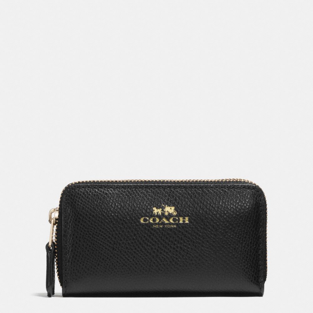 SMALL DOUBLE ZIP COIN CASE IN CROSSGRAIN LEATHER - COACH f63921 -  LIGHT GOLD/BLACK