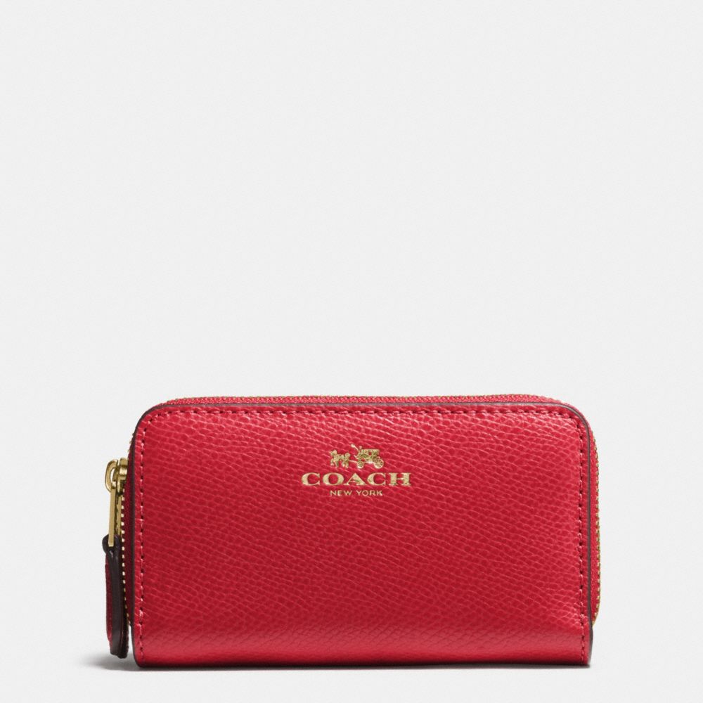 SMALL DOUBLE ZIP COIN CASE IN CROSSGRAIN LEATHER - COACH f63921 - IMITATION GOLD/TRUE RED
