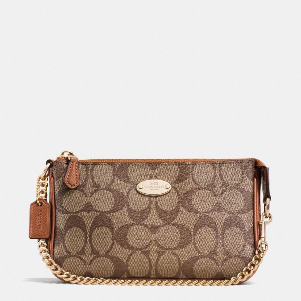 COACH LARGE WRISTLET 19 IN SIGNATURE COATED CANVAS - LIGHT GOLD/KHAKI/SADDLE - F64234