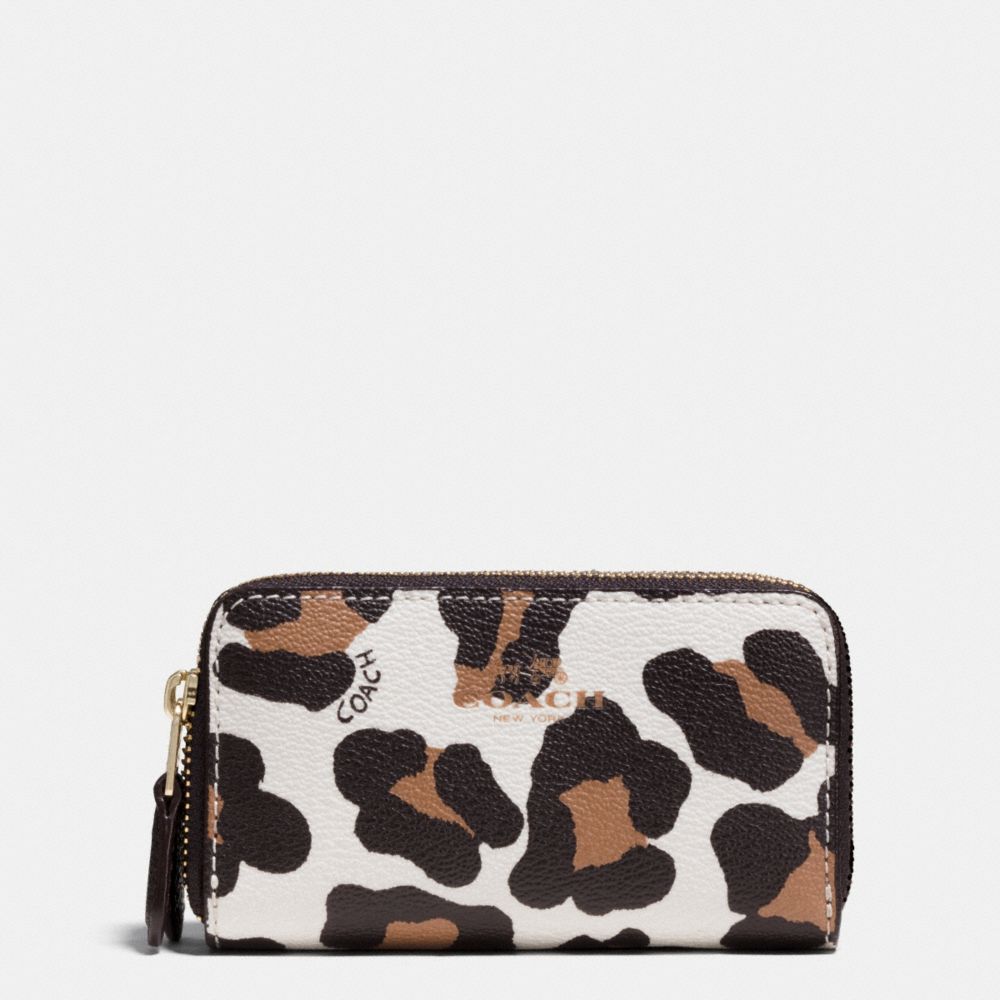 DOUBLE ZIP COIN CASE IN OCELOT PRINT HAIRCALF - COACH f64241 - LIGHT GOLD/CHALK MULTI