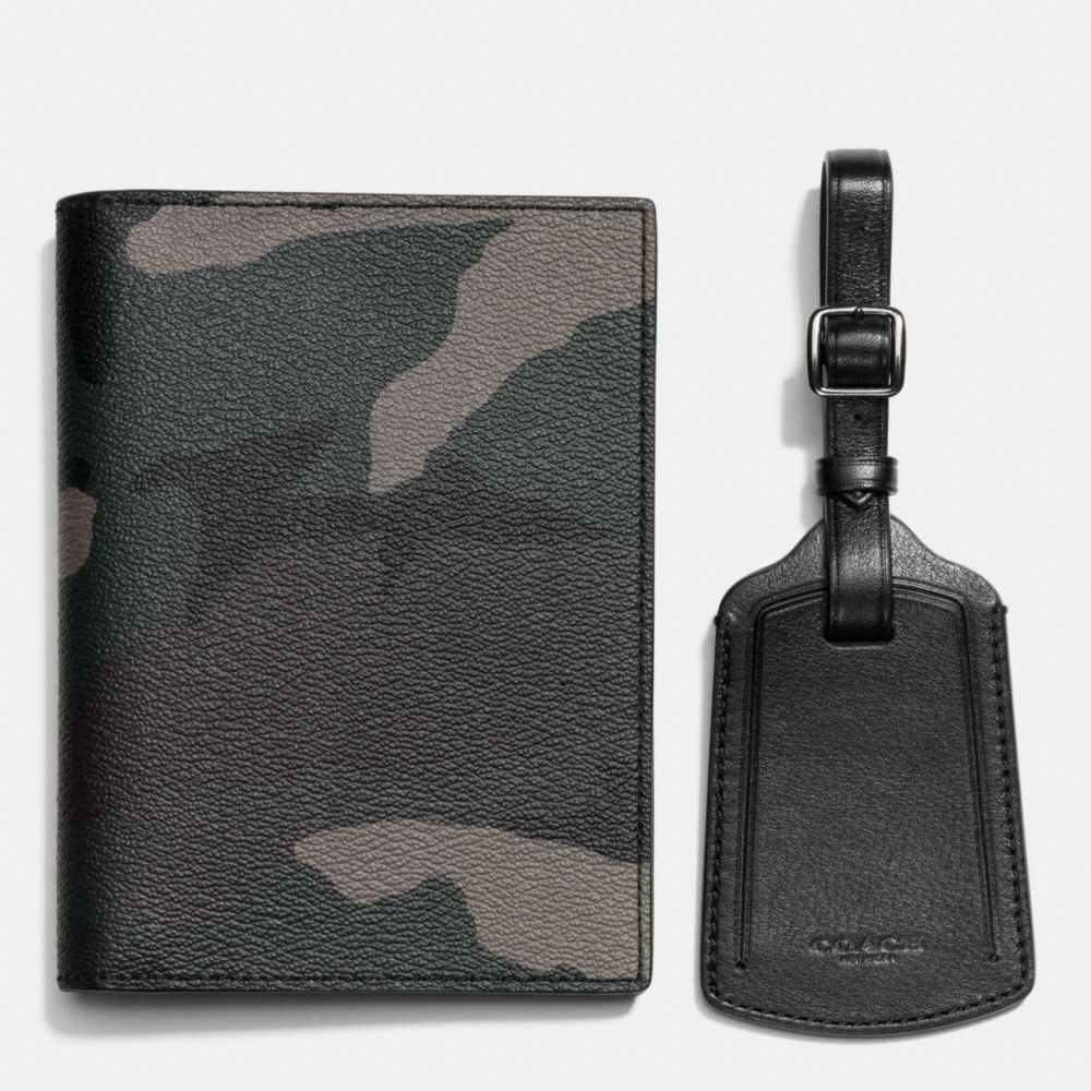 PASSPORT CASE AND LUGGAGE TAG IN CAMO PRINT COATED CANVAS - COACH f64482 - GREY CAMO