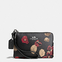 COACH CORNER ZIP IN BLACK FLORAL COATED CANVAS - ANTIQUE NICKEL/BLACK - F65064