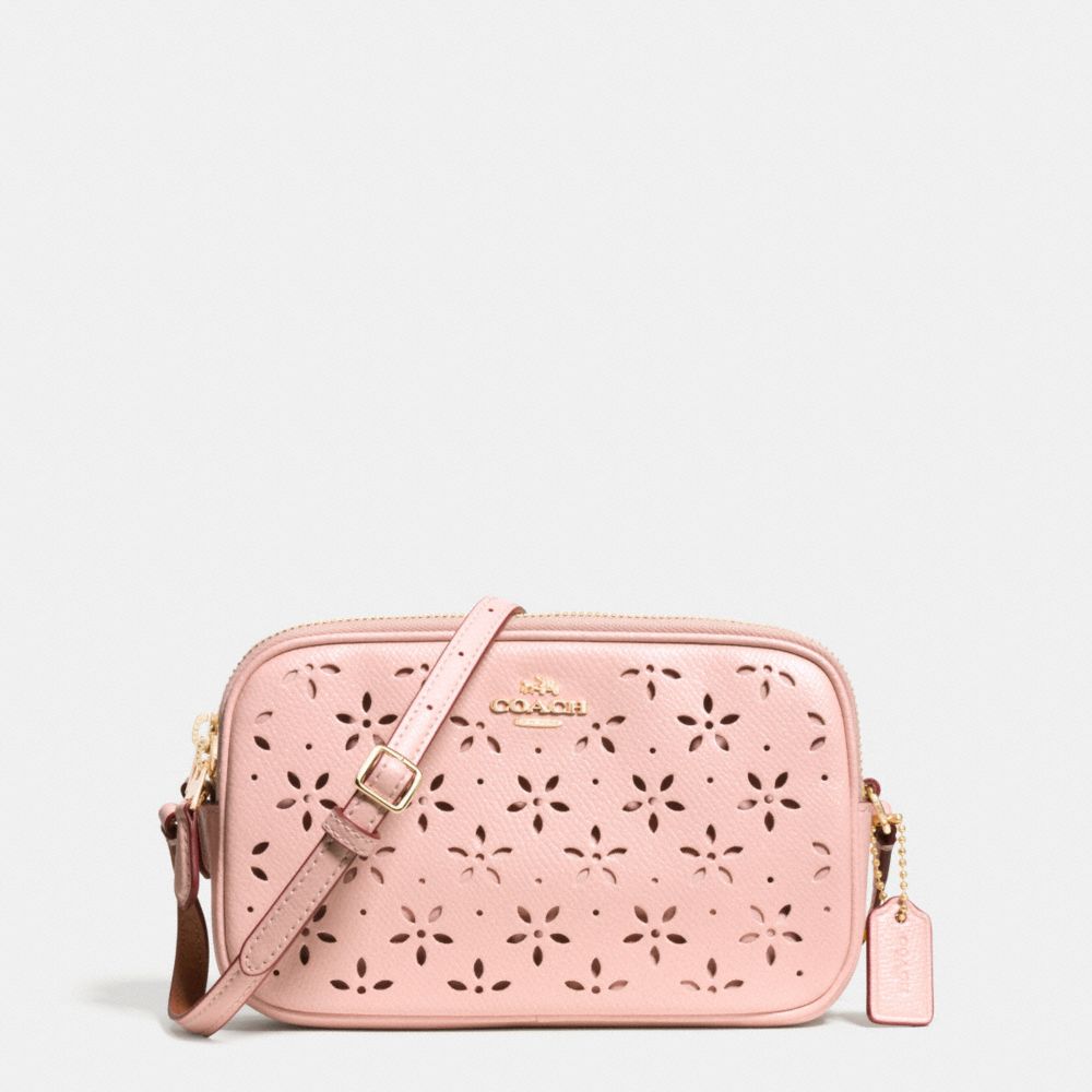 CROSSBODY POUCH IN LASER CUT LEATHER - COACH f65553 -  IMITATION GOLD/PEACH ROSE GLITTER