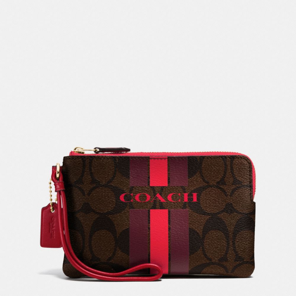 COACH VARSITY STRIPE CORNER ZIP WRISTLET IN SIGNATURE - COACH  f66052 - IMITATION GOLD/BROW TRUE RED