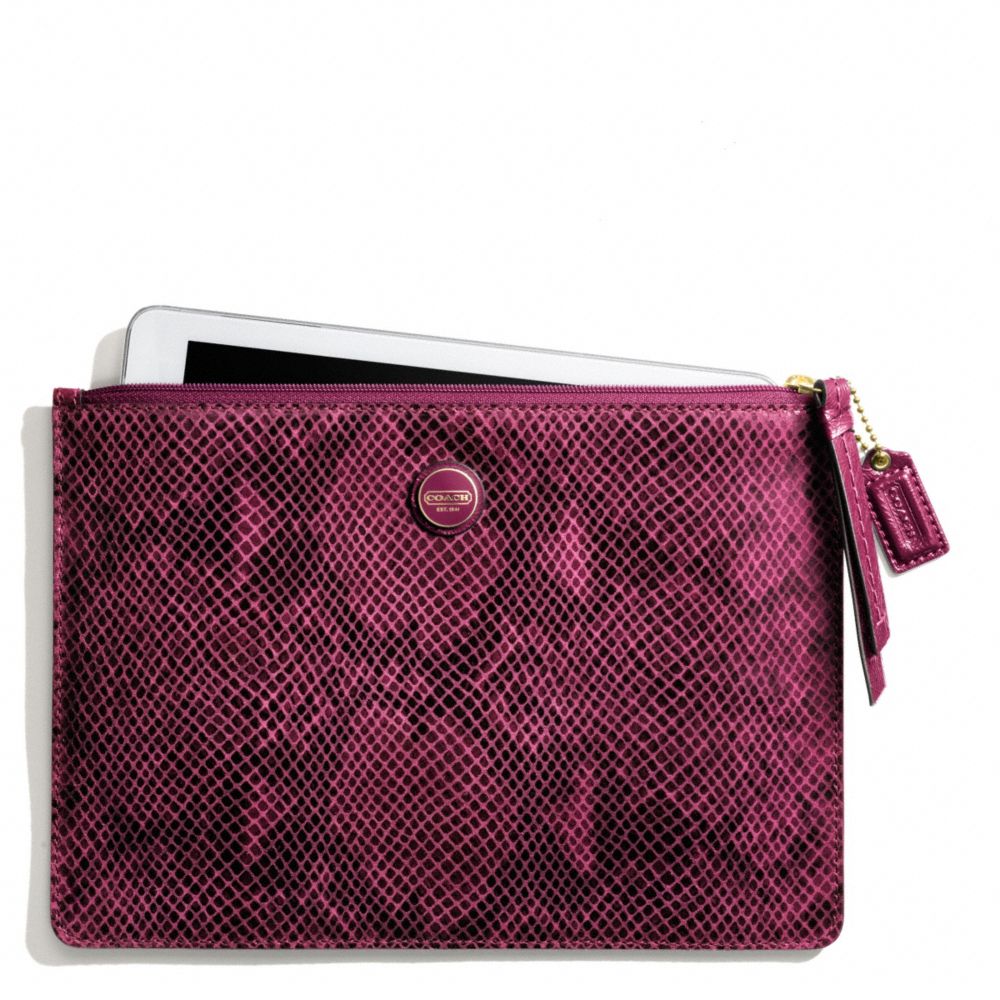 SIGNATURE STRIPE EMBOSSED SNAKE MEDIUM TECH POUCH - COACH f66413 - BRASS/RASPBERRY