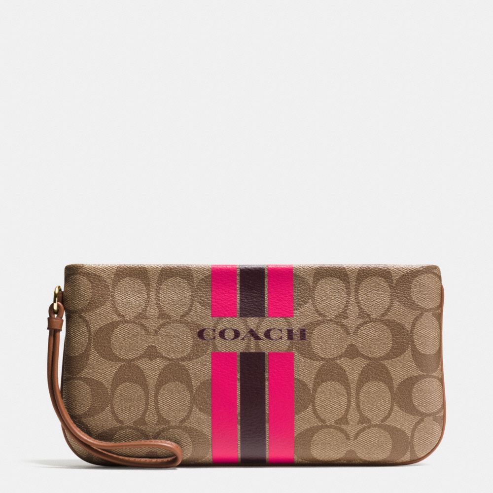 COACH VARSITY STRIPE LARGE WRISTLET IN SIGNATURE - COACH f66463 - IMITATION GOLD/KHAKI/PINK RUBY