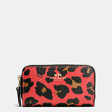 COACH SMALL DOUBLE ZIP COIN CASE IN LEOPARD PRINT COATED CANVAS - IMITATION GOLD/WATERMELON - f66472
