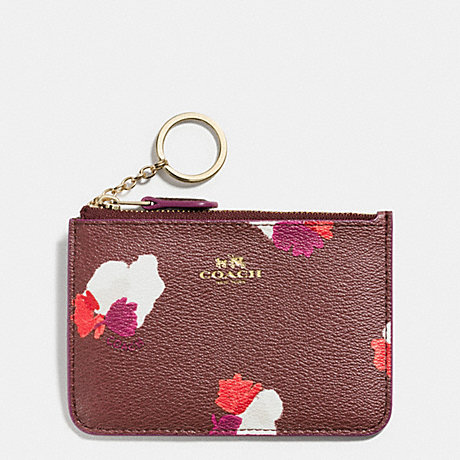 COACH KEY POUCH WITH GUSSET IN FIELD FLORA PRINT COATED CANVAS - IMITATION GOLD/BURGUNDY MULTI - f66491