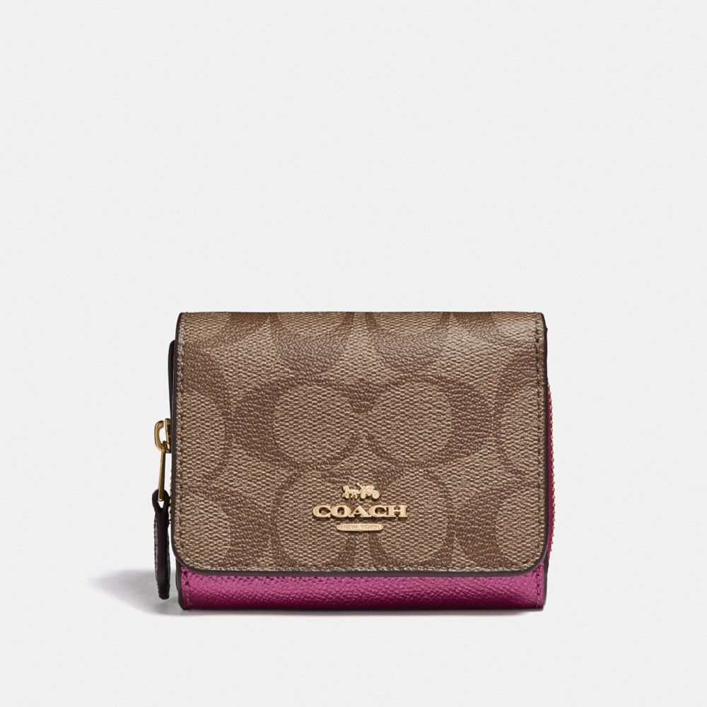 coach signature canvas trifold colorblock wallet khaki imitation multi gold sparkle shine trending