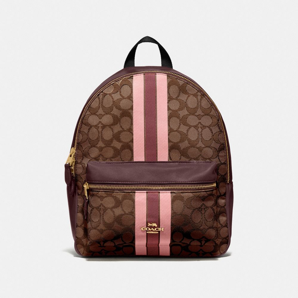 COACH MEDIUM CHARLIE BACKPACK IN SIGNATURE JACQUARD WITH STRIPE - BROWN MULTI/IMITATION GOLD - F68034