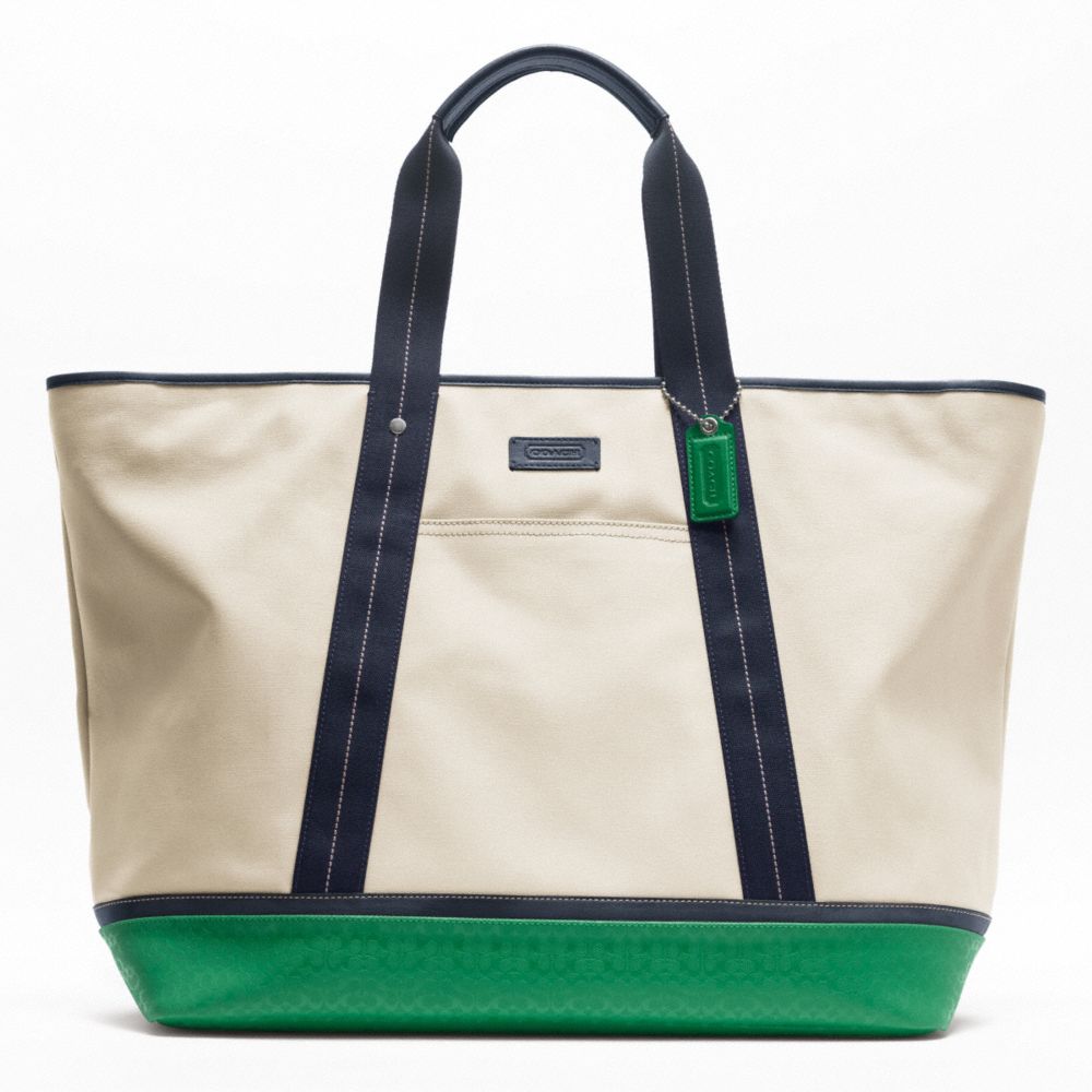 COACH HERITAGE SIGNATURE EMBOSSED PVC CANVAS WEEKEND TOTE - SILVER/NATURAL/GREEN - F70832