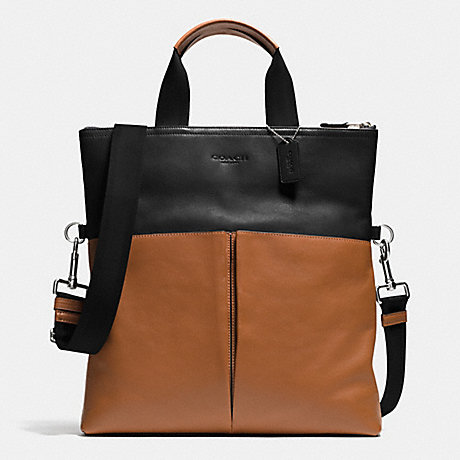 COACH FOLDOVER TOTE IN SMOOTH LEATHER - BLACK/SADDLE - f71722