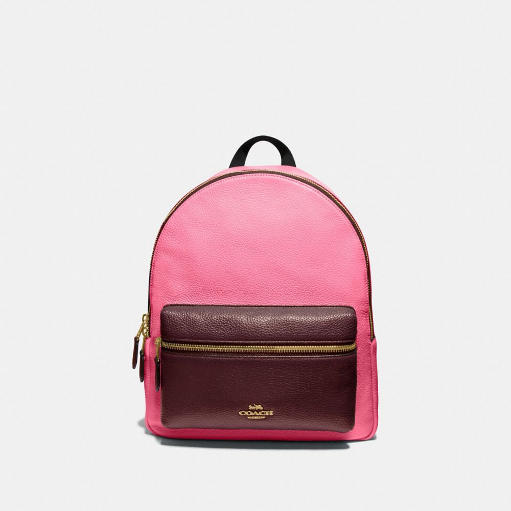 COACH MEDIUM CHARLIE BACKPACK IN COLORBLOCK - PINK RUBY/GOLD - F73116